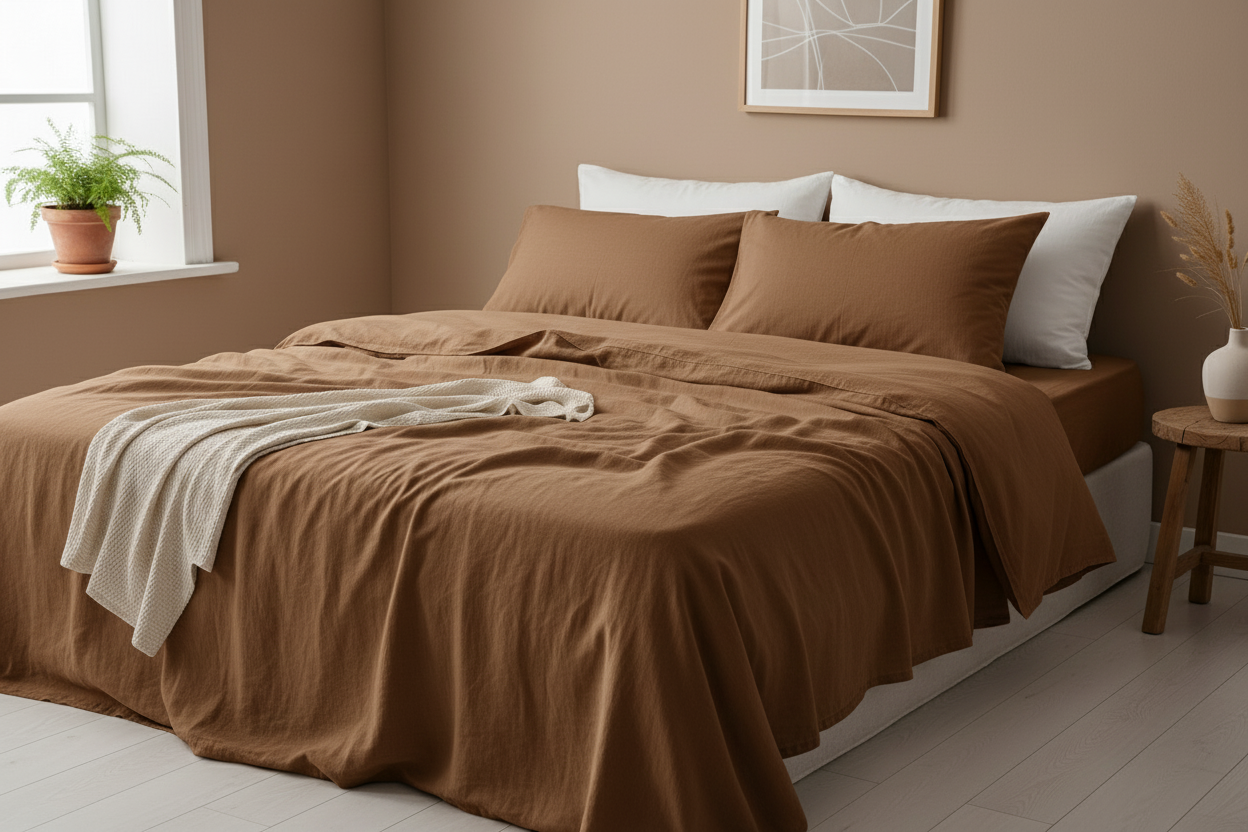 please make the bed neat, with a more brown theme in the bedroom