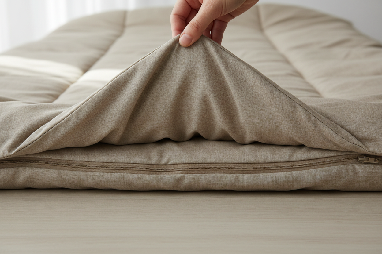 the zipper needs to be obvioulsy obscurable via a top layer of fabric, which is being held up outside the frame of the picture itself